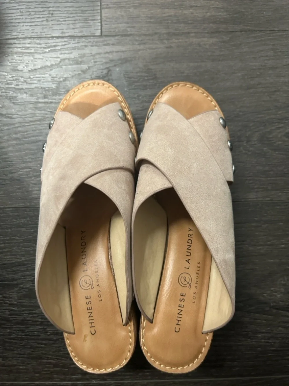 Chinese Laundry Taupe Blush Suede Cork Wedge Studded Sandals